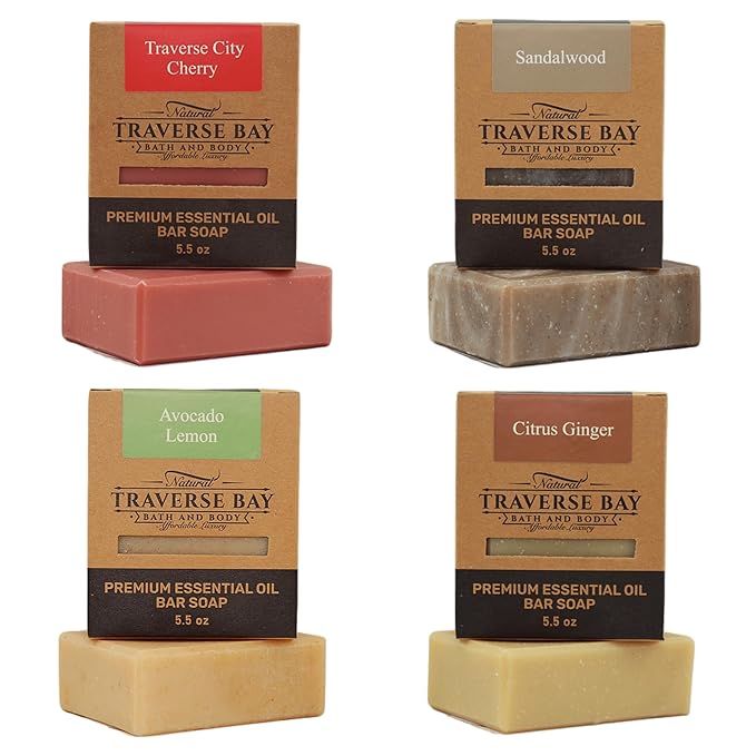 Traverse Bay Bath and Body Natural Cold Process Soap Sweet & Spicy 4-Bar Variety Pack, Traverse City Cherry, Sandalwood, Avocado Lemon, Citrus Ginger, 5.5 oz Each, 22+ oz Total