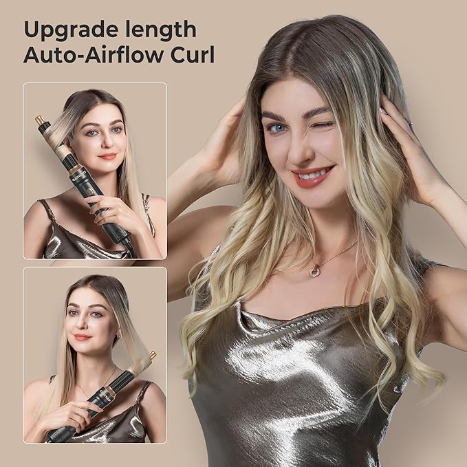 6 in ONE Blow Dryer Brush,Air Curling Iron Round Brush Blow Dryer 800W,Ionic Hair Dryer Brush for Women, Hot Air Brush Hair Styling Tools 100-120V (Black Gold)