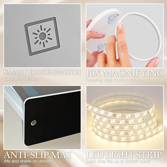 HNV 16"x13" Vanity Mirror with Lights, Hollywood Lighted Makeup Mirror with 10X Magnification, Smart Touch Control, 3 Color Dimmable LED, Rounded Frame Tabletop or Bathroom Dresser Mount (White)