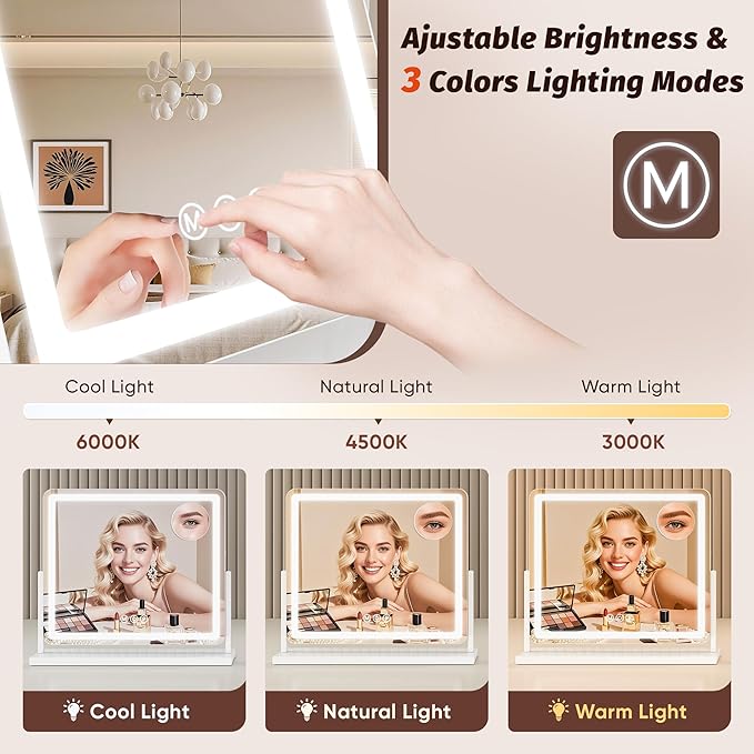 Vanity Mirror with Lights, 22"x19" Hollywood Lighted Makeup Mirror for Tabletop & Bedroom 3 Color Lighting Modes Smart Touch Control 360° Rotation Detachable