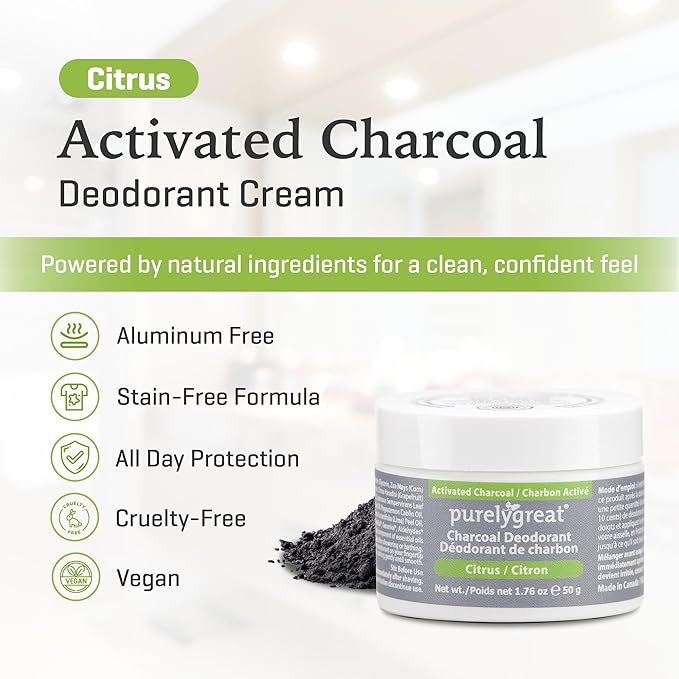 Purelygreat - Citrus Scented Charcoal Deodorant Cream, Chemical-Free Hygiene Essentials for Women, Natural Deodorant for Men Made with Activated Charcoal, Soda & Essential Oils, 1.76 oz / 50 g