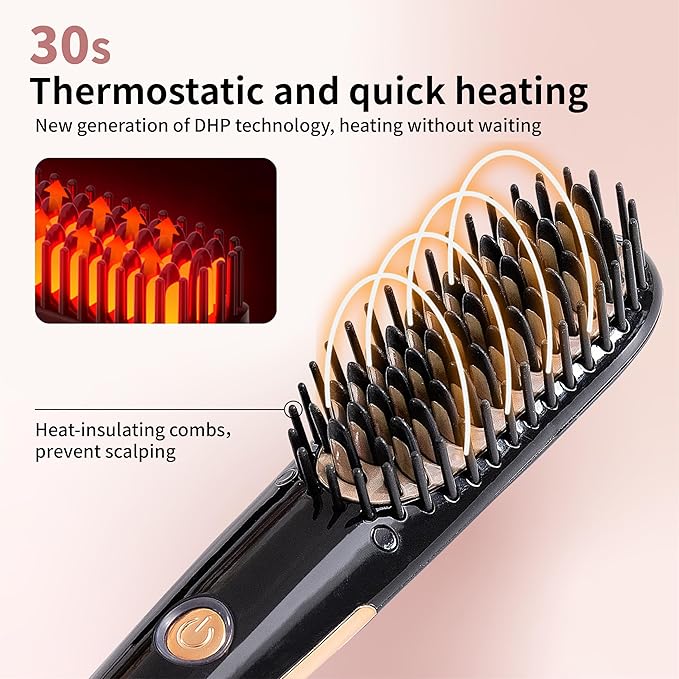 Mini Hair Straightening Iron with Built-in Comb for Travel, Portable Hair Straightener Brush, Ionic Hot Comb Straightener for Women (Black)