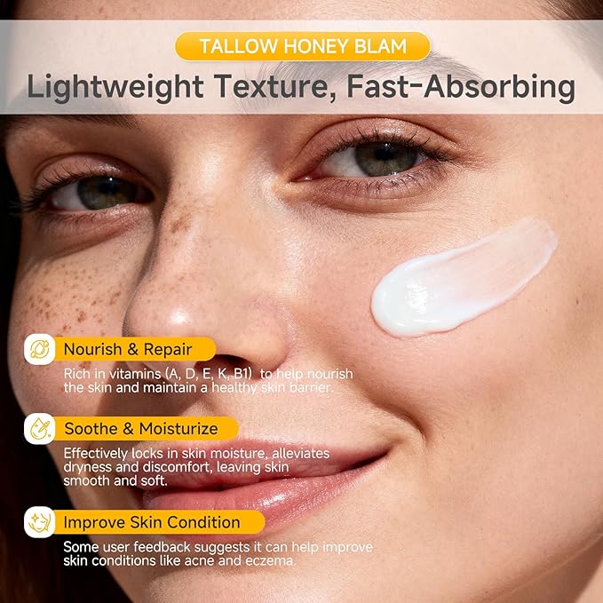 Beef Tallow Honey Balm for Skin,Face,Body - Handmade Whipped Cream Face Moisturizer with 100% Grass-Fed Beef Tallow & Raw Honey,Narural Organic Body lotion for Men&Women,Unscented,4.23OZ