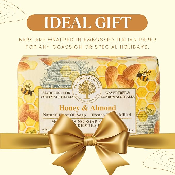 Wavertree & London Honey Almond Scented Natural Soap (2 Bars), 7oz Moisturizing French Triple Milled Soap Bars enriched with shea butter - Pure Plant Based Bath & Body Bars for All Skin Types