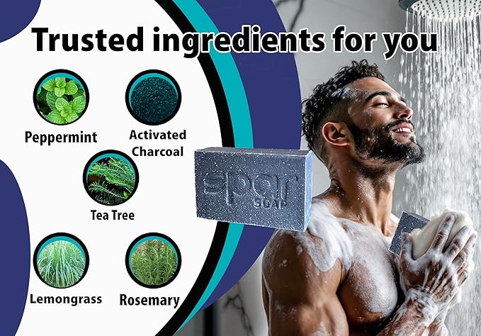 Spar Soap Original Bar (4 Ounce), Activated Charcoal Tea Tree, Antifungal Properties, For BJJ, MMA, Wrestlers, Grapplers, Men/Women, USA Made Body Soap, For Body Odor, With Lemongrass and Peppermint