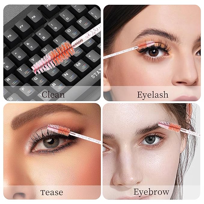 50 PCS Crystal Eyelash Mascara Wands Disposable Lash Brushes for Extensions Spoolie Brush Applicators Makeup Tool Kits (crystal handle red pink)