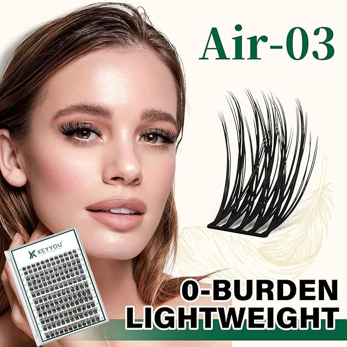 Lash Clusters 144pcs Individual Lashes D Curl 16mm Eyelash Clusters KEYYOU Air Touch Cluster Lashes Super Lightweight Soft Wispy Comfortable Easy DIY at Home(Air03-D-16mm)
