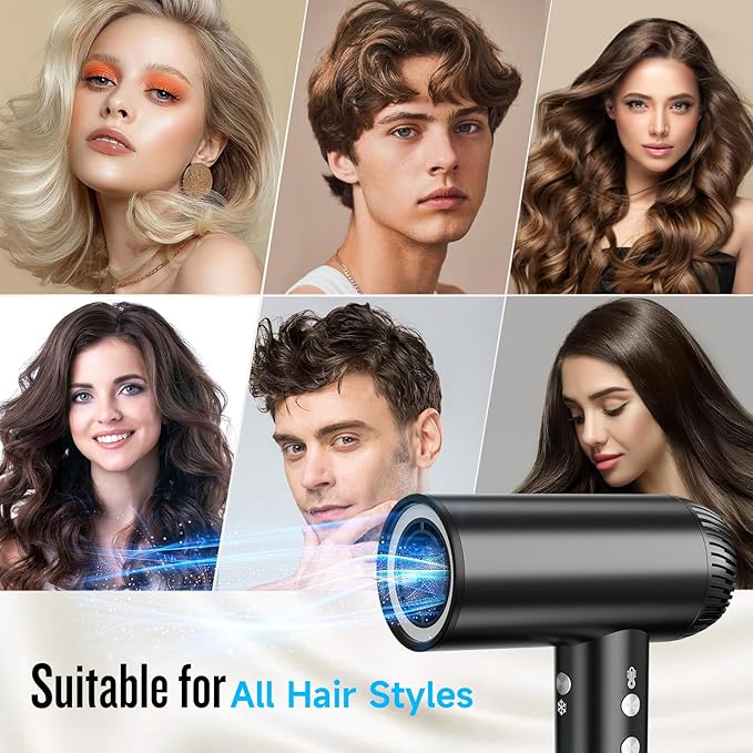 2025 Updated Hair Dryer, 200000 RPM High Speed Blow Dryer with Diffuser for Women, 1000 Million Ionic Hair Dryer with Brushless Motor, Low Noise Hair Blow Dryer for Curly Hair Dog Salon Travel, Black