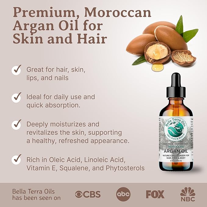 Bella Terra Oils - Argan Oil 8 oz - Pure Moroccan Elixir, Enhances Shine in Hair, Deeply Nourishes Skin, Perfect Oil for Curly Hair
