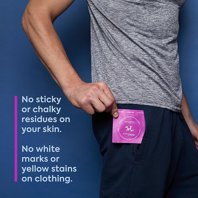 Surface Deep Deodorant Wipes, Dermatologist Developed & Patented, Anti-Odorant Body Wipes, Natural Formula, Travel Friendly Deodorant, Perfect for Travel Women/Men, Individually Wrapped, 30PK