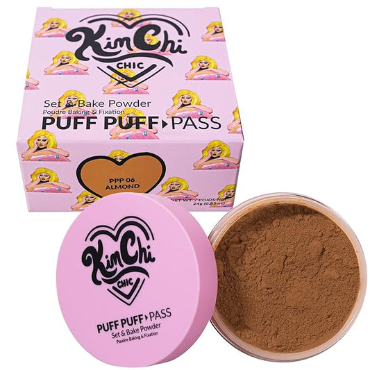 Kimchi Chic Beauty Puff Puff Pass Set and Bake Setting Powder for Makeup, Extra Fluffy Loose Face Powder Poof, Soft Natural Face Makeup for Uneven Skin Tone, 06 Almond
