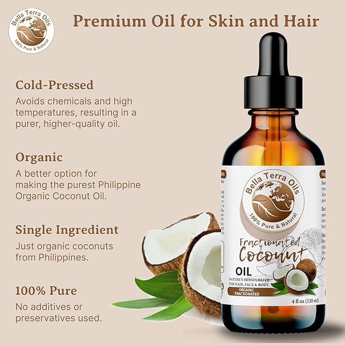 Bella Terra Oils - Organic Fractionated Coconut Oil 8oz - Celebrate the Coconut’s Liquid Gold, Infused with Antioxidants & Vitamins, A Precious Body Moisturizer