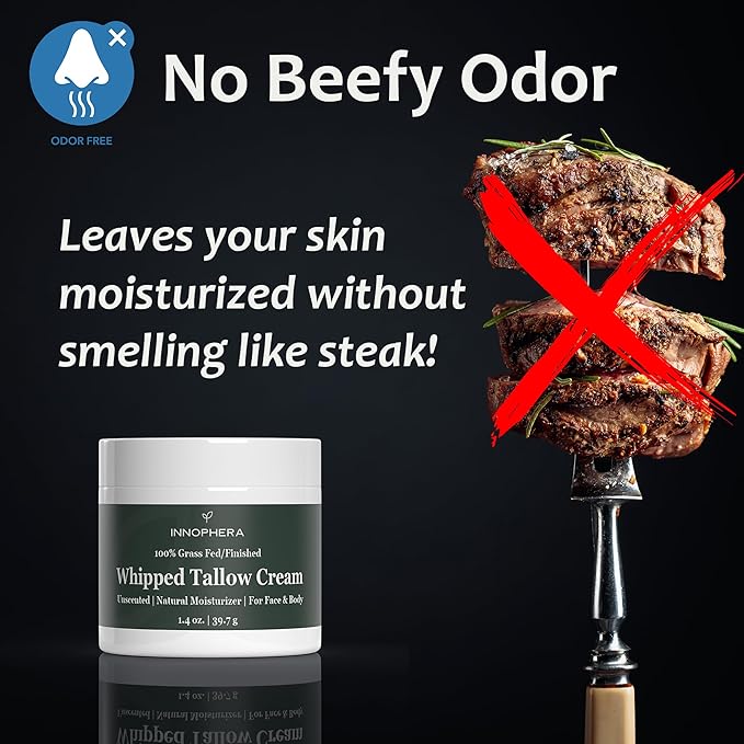 Whipped Beef Tallow Cream for Skin Care ‒ Grass Fed & Grass Finished ‒ 100% Natural Moisturizer for Sensitive Skin ‒ Handmade Face & Body Lotion ‒ Unscented & Odorless ‒ 1.4 oz.