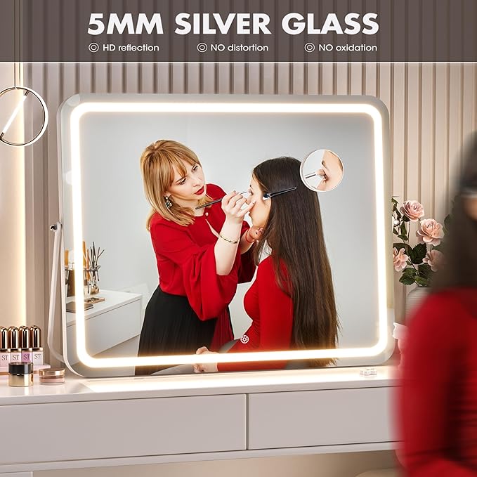 Hasipu Vanity Mirror with Lights, 20" x 16" LED Makeup Mirror, 3 Modes Light, Smart Touch Control Dimmable, 360°Rotation, Rectangle White Frame, with 5X Magnifying Glass