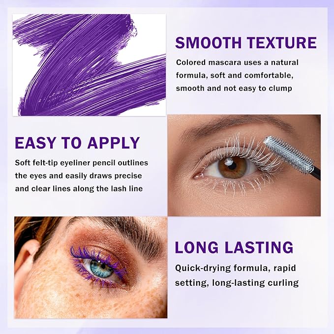 Purple Mascara and Eyeliner Set,5D Colored Volume and Length Waterproof,Purple Mascara for Eyelashes,Natural Lengthening Curling,Suitable for Women