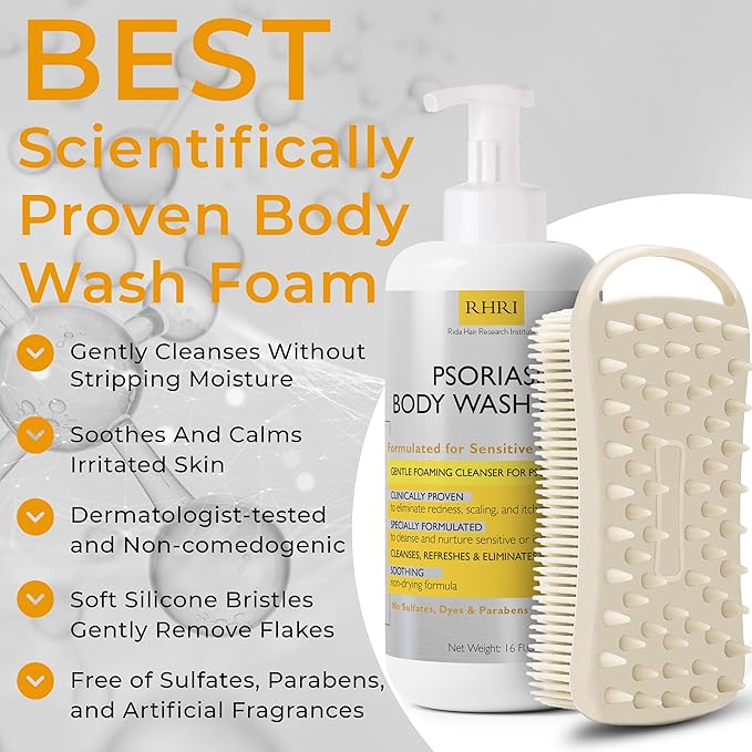 Psoriasis Body Wash Sensitive Skin | Psoriasis Treatment for Skin | Clinically Proven to Reduce Redness, Scaling & Itching | No Sulfates, Parabens | Free Scrubber Brush | 16 Fl.Oz