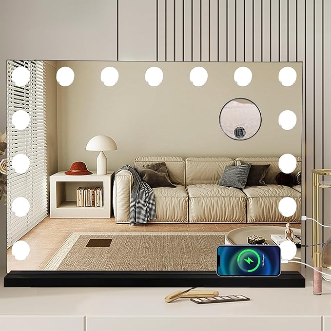 Vanity Makeup Mirror with Lights,Hollywood Vanity Mirror with 3 Color Modes,Lighted Vanity Mirror with Dimmable LED Bulbs &10X Magnification for Desk,Bedroom,Tabletop (Black, 22.8" x 18.1")