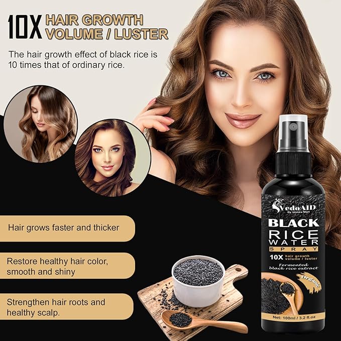 Black Rice Water Spray for Hair Growth – Organic Hair Serum with Castor Oil & Ginger Root – Strengthens, Thickens & Repairs Hair – Hair Loss Treatment for Women & Men – 100ml/3.2 fl.oz (1pc)