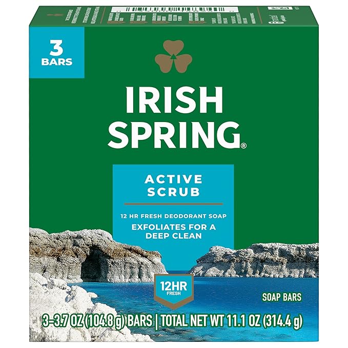 Irish Spring Active Scrub Mens Bar Soap, Men's Exfoliating Bar Soap, Smell Fresh and Clean for 12 Hours, Men Soap Bars for Washing Hands and Body, Recyclable Carton, 24 Pack, 3.7 Oz Soap Bars