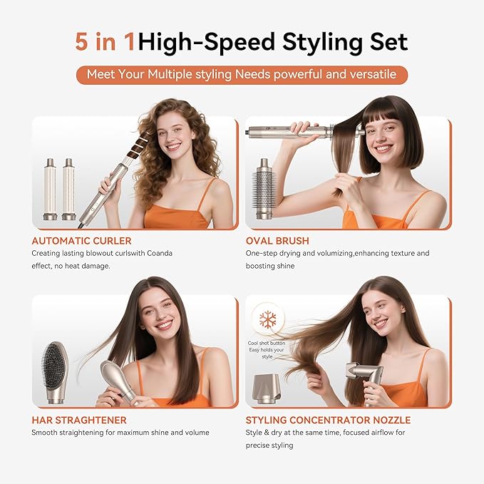 5-in-1 Professional Hair Dryer Brush, Effortless Auto-Wrap Curlers with 110,000 RPM High-Speed Motor, Fast Drying & Volumizing Without Heat Damage, Includes Storage Case - Best Gift for Women