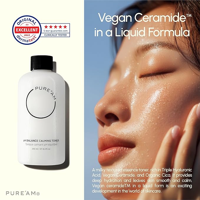 PURE'AM - Korean Toner for Dry Skin - Deeply Hydrating - Hyaluronic Acid & Vegan Ceramides - Korean Skincare Toner for Face, Sensitive Skin - Redness & Acne - 8.4 fl. oz, 250 ml