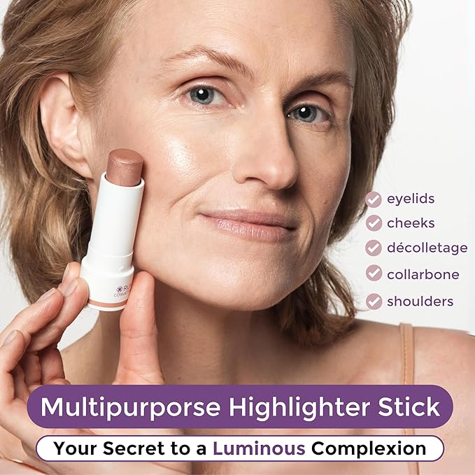 InstantGlow+ Multipurpose 4-in-1 Highlighter Stick For Older Women - Radiant Glow & Nourishing Formula - For Face, Shoulders, Decolletage - For Sensitive Eyes (Cinnamon, Regular)