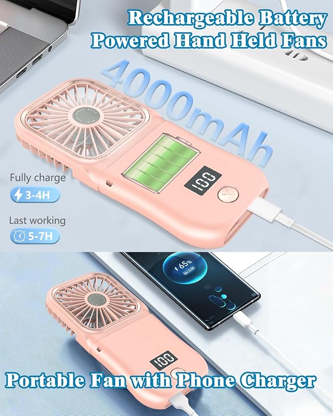 Hand Held Fan Rechargeable,Mini Fan Portable Fan Battery Powered Fan with 3 Speed, Table Fan Small Desk Fan, Cordless Personal Fan, 180°Folding Hand Fan Summer Gifts for Women Girls Kids Pink