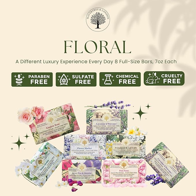 Wavertree & London Assorted Floral Scents Natural Soap Bars (Pack of 8), 7oz Moisturizing Triple Milled Soap Bars Enriched with Shea Butter and Pure Plant Oils | All Body & Bath Soap