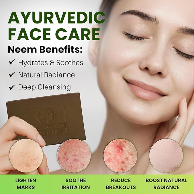 Neem Face, Body Bar Soap 4.5 oz, 3 Pack | Ayurvedic Exfoliating, Cleansing Bar with Coconut Oil, Castor Oil | Gentle Bath Soaps for Face Wash, Body Wash | Soft Soap for Daily Use, All Skins