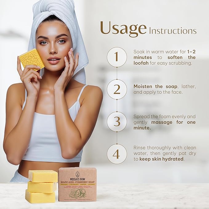 Kojic Acid and Turmeric Soap Bar for Dark Spots – Natural Brightening Bar with Coconut & Olive Oil, Lemon, Shea Butter, Vitamin C&E – Cleansing Moisturizing Bath Soap (2Pack) + Loofah Bath Sponge