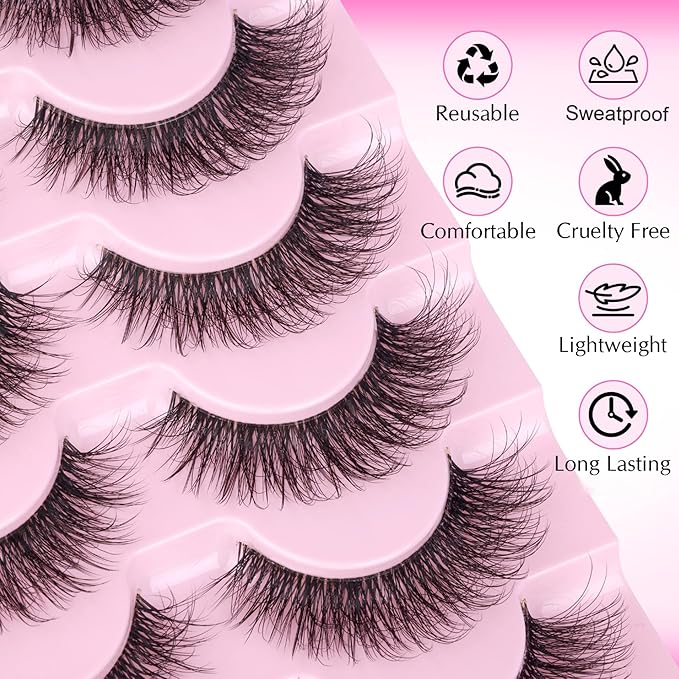 Mink Lashes Wispy False Eyelashes Clear Band Fake Strip Lashes Natural Look 18 mm Cat Eye Eyelashes Pack Pestañas Postizas Naturales Soft 3D Lashes, 7 Pairs