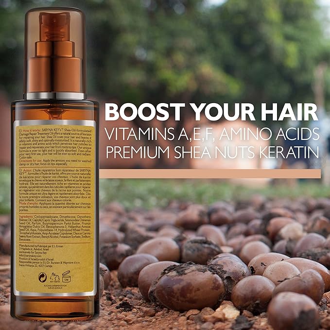 Saryna Key Hair Oil for Damage Repair - Pure African Shea Butter with Keratin & Vitamin E for Hair Treatment - Frizz Control & Split End Repair Hair Serum - Moisturizes, Shines, Softens (105ml/3.55oz)