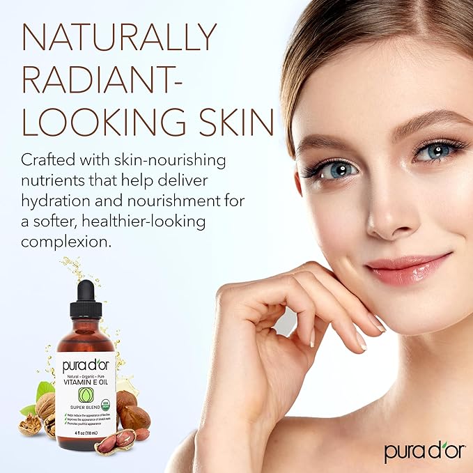 PURA D'OR 4 Oz Organic Vitamin E Oil – USDA Certified Face, Body, Hair & Bath Oil with Argan, Jojoba, Rosehip, Apricot, Almond & Avocado – Lightweight Moisturizing Blend for Soft, Smooth Skin
