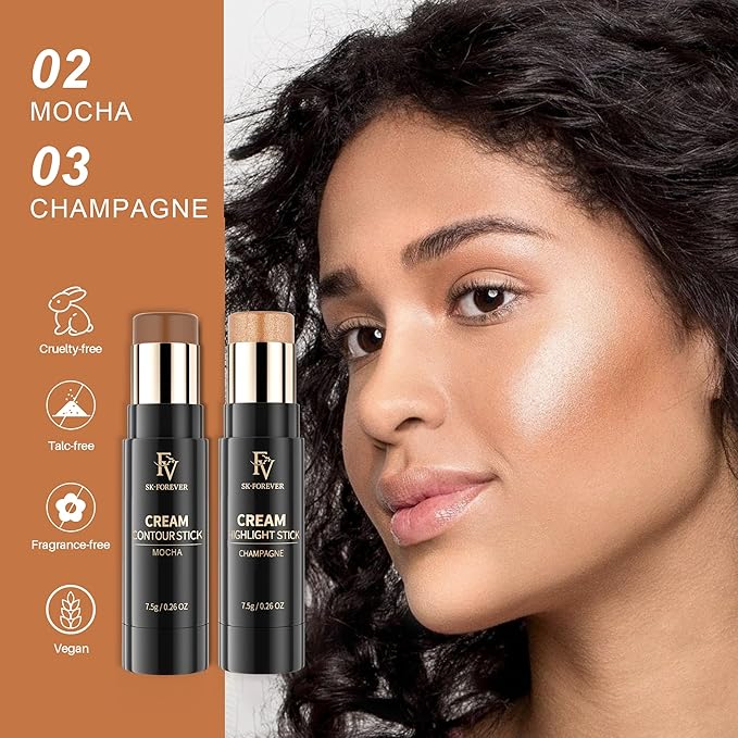 FV 2PCS Contour and Highlighter Stick, Highly Pigmented & Blendable, Long Lasting & Creamy Texture, Waterproof, Natural Finish Contour Set for Face Sculpting, Travel-Friendly (02 Mocha & 03 Champagne)