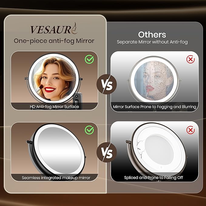 9" Large Wall Mounted Lighted Makeup Mirror Black Nickel, 1X/20X Magnifying Mirror with 3 Color Light, LED Lights Dimmable 5000mAh Rechargeable Wall Mount Makeup Mirror, 360° Swivel 17" for Bathroom