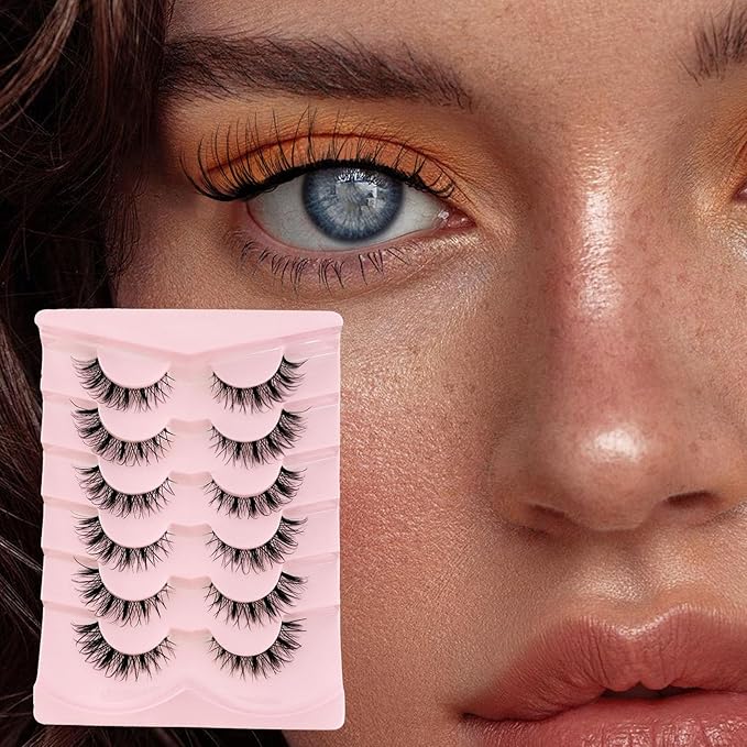 Wispy Lashes False Eyelashes Natural Look, Yasnai Cat Eye Lash Fake Lashes Volume Lashes, Natural Eyelash Strips Lashes Natural Eyelashes Clear Band 6 Pairs Pack