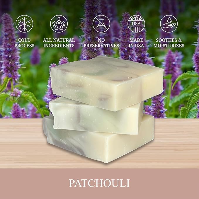 Dr. Wally's Handcrafted Soap Patchouli 5 oz Bar, with Shea Butter and enrich with Olive Oil, All Natural - Cold process - 100% Handmade - Made in USA, pack of (3). Scent intensity - medium