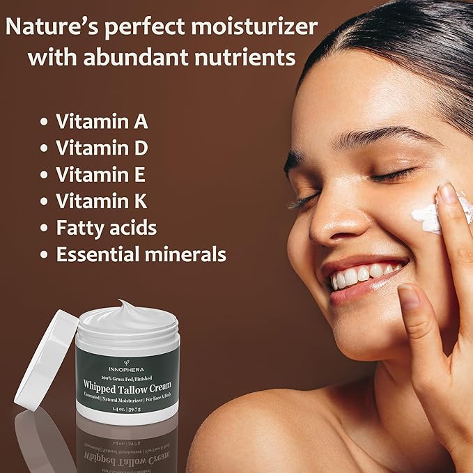 Whipped Beef Tallow Cream for Skin Care ‒ Grass Fed & Grass Finished ‒ 100% Natural Moisturizer for Sensitive Skin ‒ Handmade Face & Body Lotion ‒ Unscented & Odorless ‒ 1.4 oz.