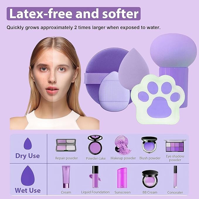 Purple Makeup Brush Set for Girls, Include 18 Pcs Makeup Brush & 12 Pcs Blending Sponge & Mirror Case, Nice for Learning Makeup