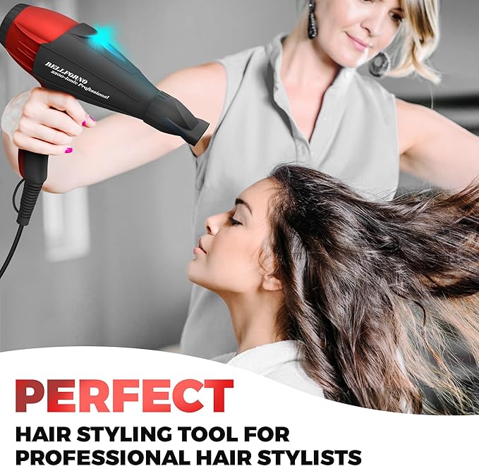 Professional Ionic Salon Hair Dryer, 2200 Watt Powerful AC Motor Ceramic Tourmaline Ion Blow Dryer, Quiet Hair Dryers with Diffuser & 2 Concentrator Nozzle Attachments Black/Red
