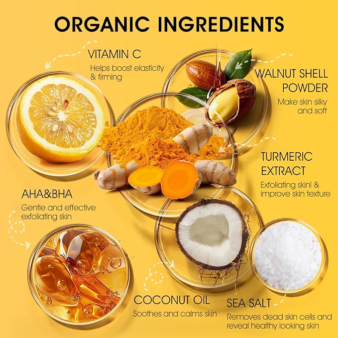 Body Scrub,Turmeric Exfoliating Body Scrub with AHA & BHA, Gentle Body Exfoliator with Vitamin C for Body Hand Foot Bikini Area - 11.3oz