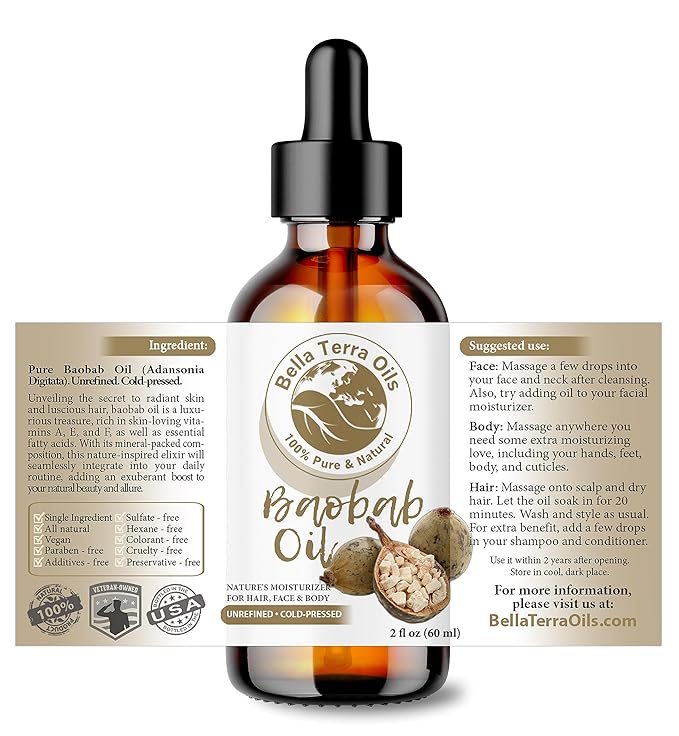 Bella Terra Oils - Baobab Oil 2oz - Infused with Polyphenols & Bioflavonoids, Unearth the Secrets of Nature for a Flawless Skin Appearance