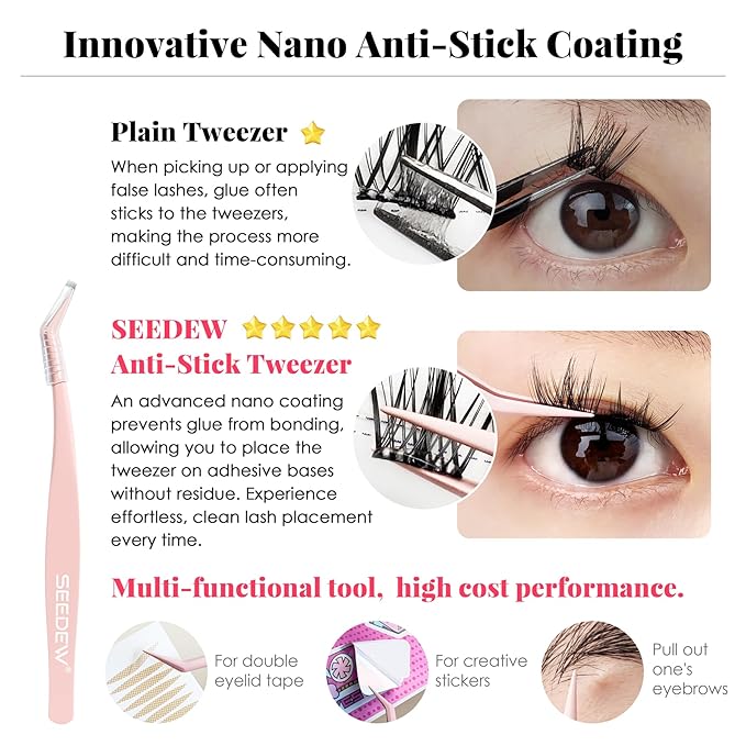 Tweezer P02 for DIY Lashes, Lash Application Tool, 1 PC Pointy Nano Coating Non-Stick Stainless Steel Curved Tweezer with a Protective Case, for Self-Adhesive/Pop-On Eyelash Extensions(Pink)