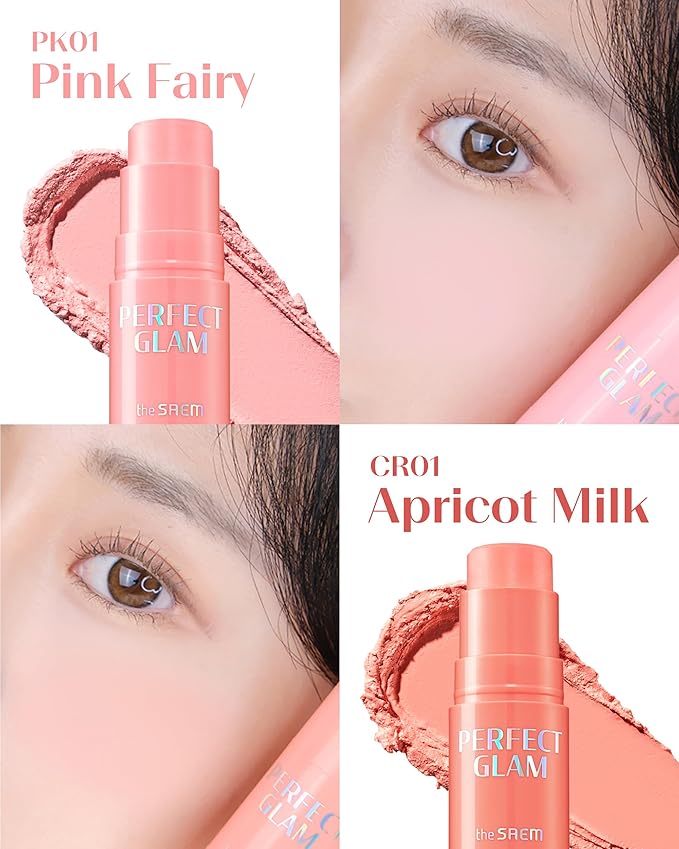 THESAEM Perfect Glam Stick Blusher with Blending Sponge PK01 Pink Fairy - Milky Pink Color Cream Blush Stick Balm for Cheeks - Silky Smooth Formula with Natural Dewy Finish, 0.2oz.