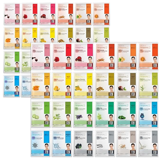 DERMAL Korean Collagen Face Mask – Hydrating & Soothing Sheet Mask with Panthenol – Hypoallergenic Calming Moisture Care for All Skin Types – 48 Combo Pack