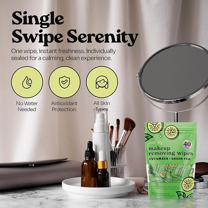 Pink Sky Makeup Remover Wipe for Face - Ultra Soft, Mini Makeup Wipes Individually Wrapped, Travel Makeup Wipe, Gently Cleanse & Remove, 40 Count (40 Wipes, CUCUMBER & GREEN TEA)