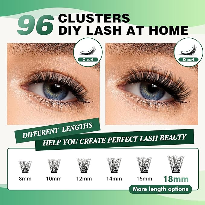 Lash Clusters 96pcs Individual Lashes C Curl 8-18MIX Eyelash Clusters KEYYOU Volume Wispy Lash Extension Soft&Comfortable Easy DIY at Home(Y01,C-8-18MIX)