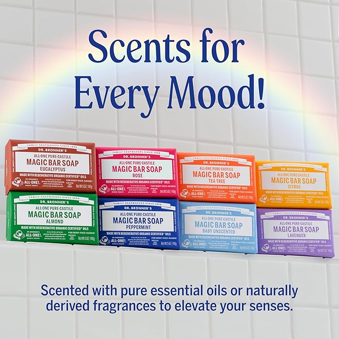 Dr. Bronner's Pure-Castile Magic Bar Soap (Baby Unscented, 5 Ounce, 12-Pack) - Made with Regenerative Organic Certified Oils, Gentle for Sensitive Skin & Babies, Non-GMO, Vegan