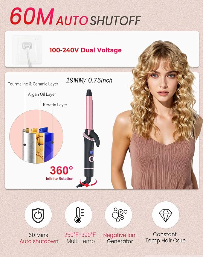 Mini Curling Iron for Short Hair Dual Voltage with European UK Plug Adapter Ceramic Travel Small Curling Iron 3/4 Inch Barrel Curler with Professional 30S Fast Heating, 5 Temps for Global Travel