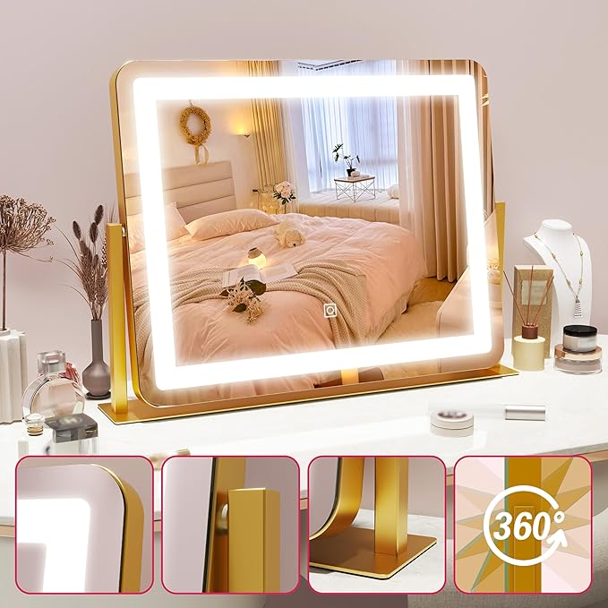 HNV Gold Vanity Makeup Mirror with Lights, 22"x17" Large Lighted Vanity Mirror, Dimmable LED with 3 Color Touch Lighting, Tabletop Mirror for Desk or Bedroom, 360° Rotation